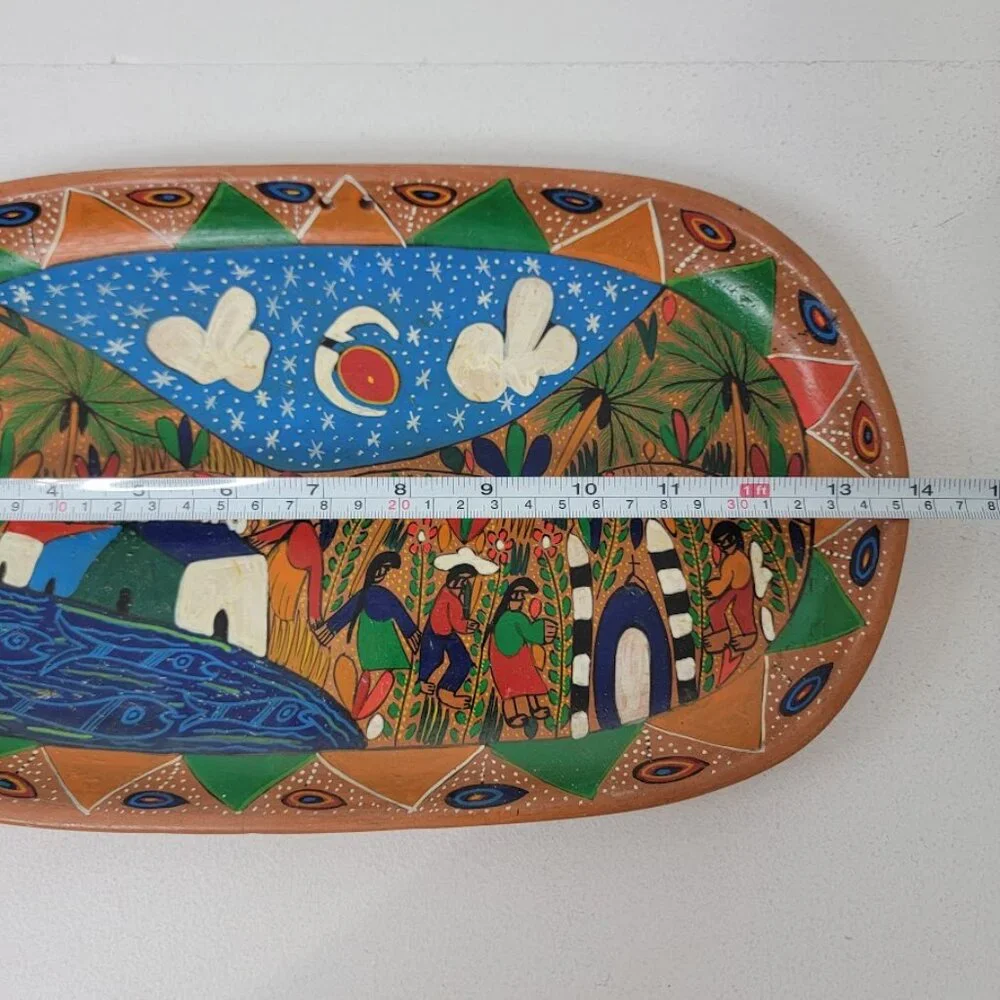 Mexican Hand Painted Folk Art Oval Clay Tray Platter Terracotta Wall Decor Fish - Picture 7 of 9